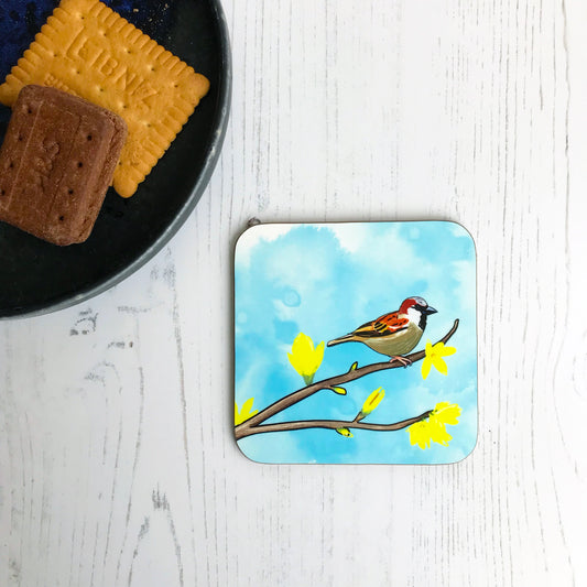 Male Sparrow and Forsythia Drinks Coaster